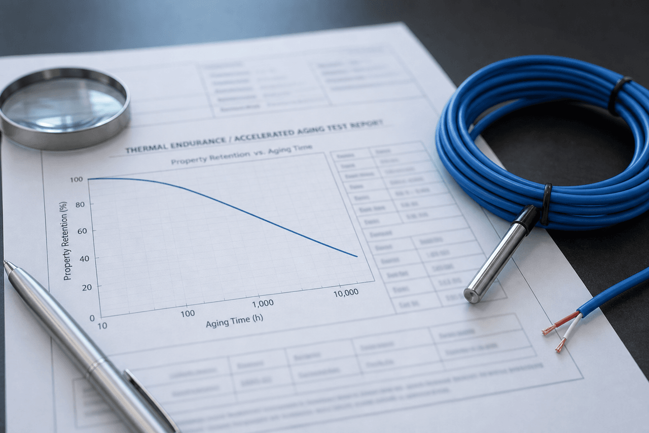 A printed thermal endurance and accelerated aging test report on a dark desk, its main graphic a property-retention-versus-aging-time curve falling from 100 percent toward 40 percent across a logarithmic hours axis with the data table beside it left out of focus, a round magnifier and a pen resting on the page, and a coiled blue thermal sensor cable with a stainless steel probe end and a short stripped-conductor offcut lying beside the report