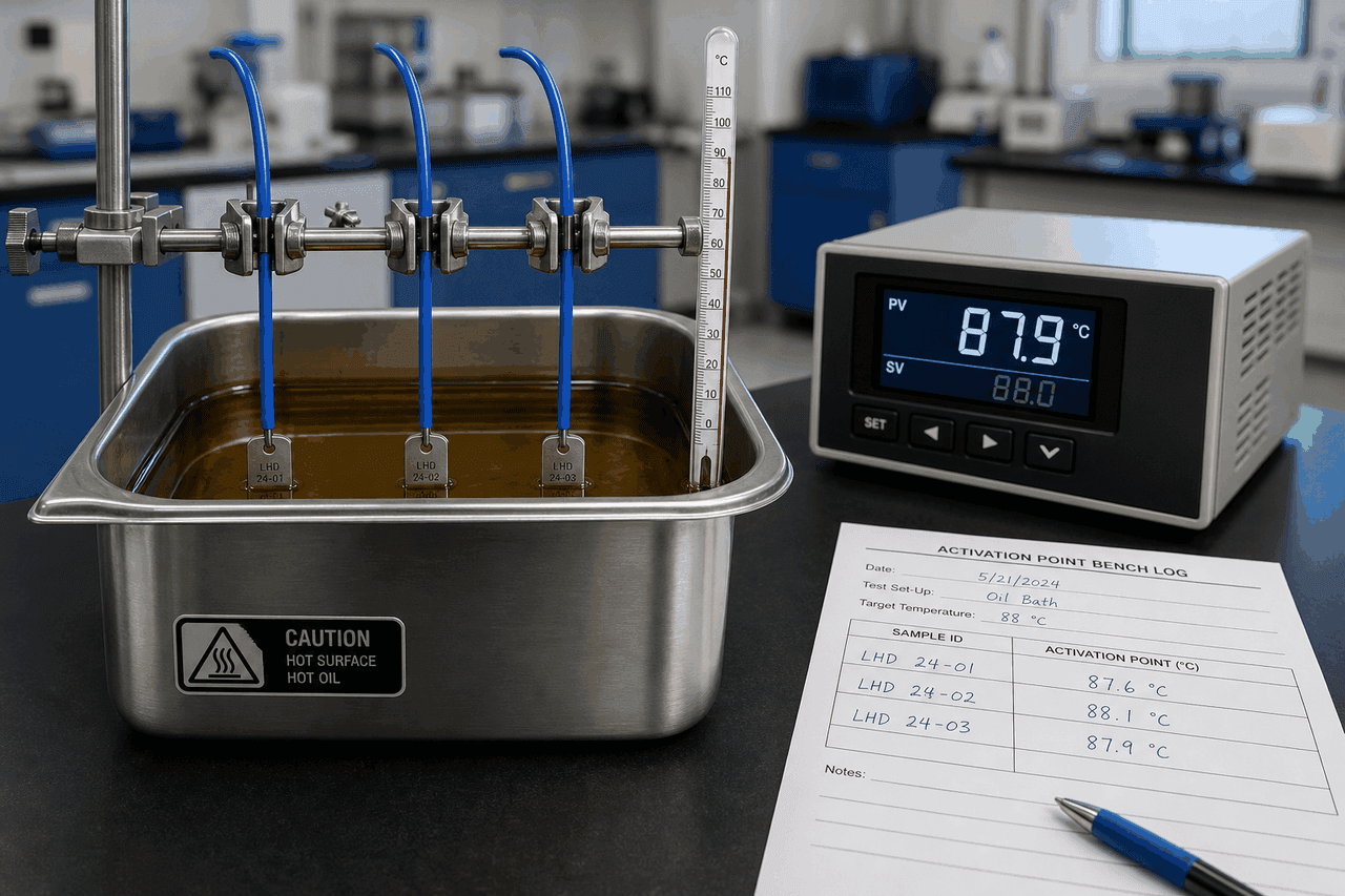 Stainless steel temperature-controlled oil bath on a laboratory bench with three 1-meter blue LHD thermal sensor cable samples clipped vertically for activation-point bench testing, a glass thermometer rising from the bath, a digital benchtop controller reading PV 87.9 °C / SV 88.0 °C, and a printed activation-point bench log recording three samples LHD 24-01, 24-02 and 24-03 at 87.6, 88.1 and 87.9 °C.