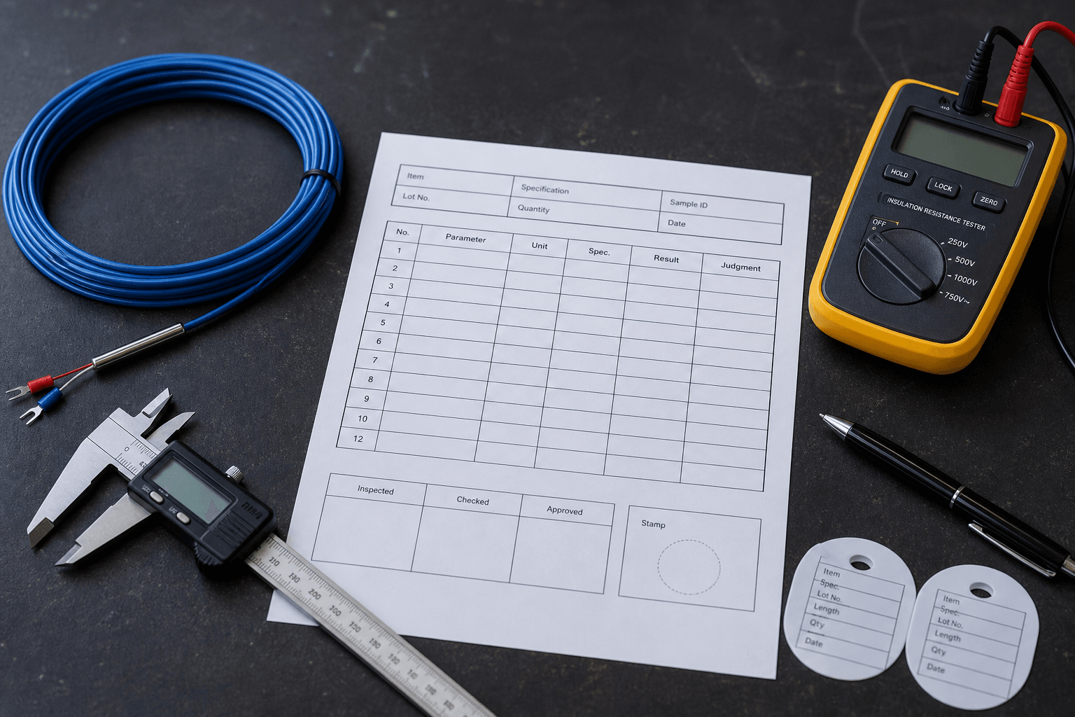 Procurement engineer's hands holding up a multi-page thermal sensor cable batch inspection report at chest height in a warehouse aisle, the top page in sharp focus showing header rows and a measured-values table with inspector signature lines, stacked coiled blue thermal sensor cable spools on a metal pallet rack visible in the soft-focus background