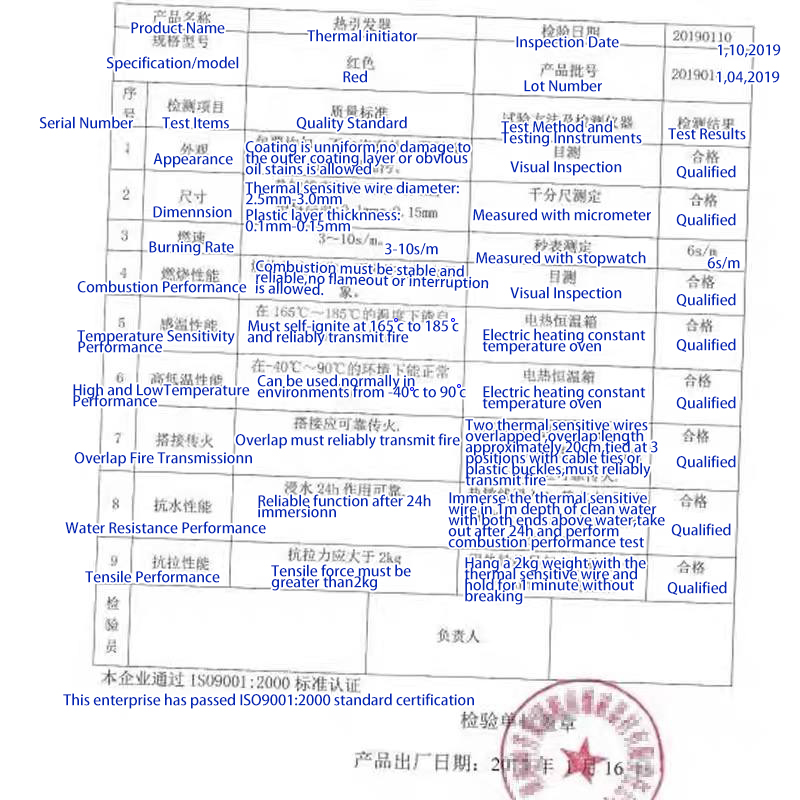 Bilingual Chinese-English factory inspection report for a thermal sensor cable lot — nine test items (appearance, dimension, burning rate, combustion, temperature sensitivity, high/low temperature, overlap fire transmission, water resistance, tensile) all stamped Qualified, ISO9001:2000 certification line at the bottom and a red factory inspection seal