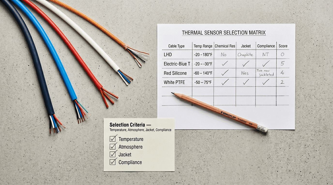 Five exposed thermal sensor cable specimens laid beside a printed 'Thermal Sensor Selection Matrix' table rating four cable types on temperature range, chemical resistance, jacket and compliance, with a 'Selection Criteria' card and a Staedtler pencil