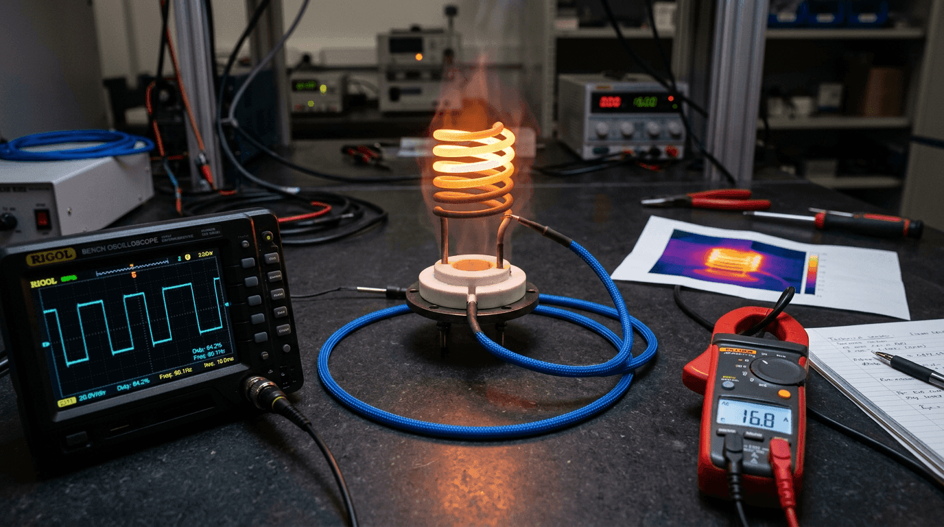 Bench oscilloscope showing a PWM pulse waveform beside a cyclic-duty heater element on a ceramic holder and a blue thermosensitive sensor cable routed alongside it with a digital clamp meter