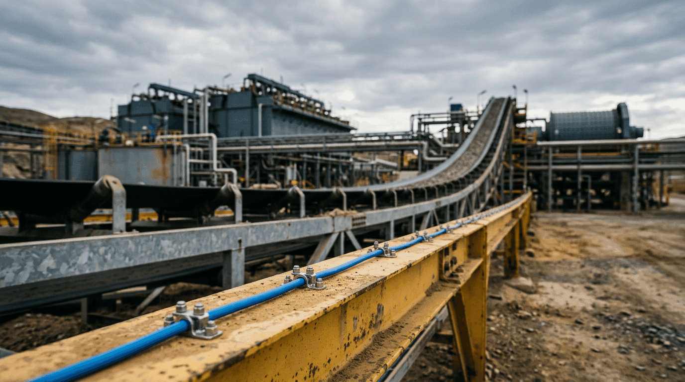 Blue LHD thermal sensor cable fastened with stainless clamps along a yellow steel beam in the foreground, running parallel to a conveyor frame, with mineral processing plant equipment and conveyor steelwork visible in the soft-blurred background under an overcast sky