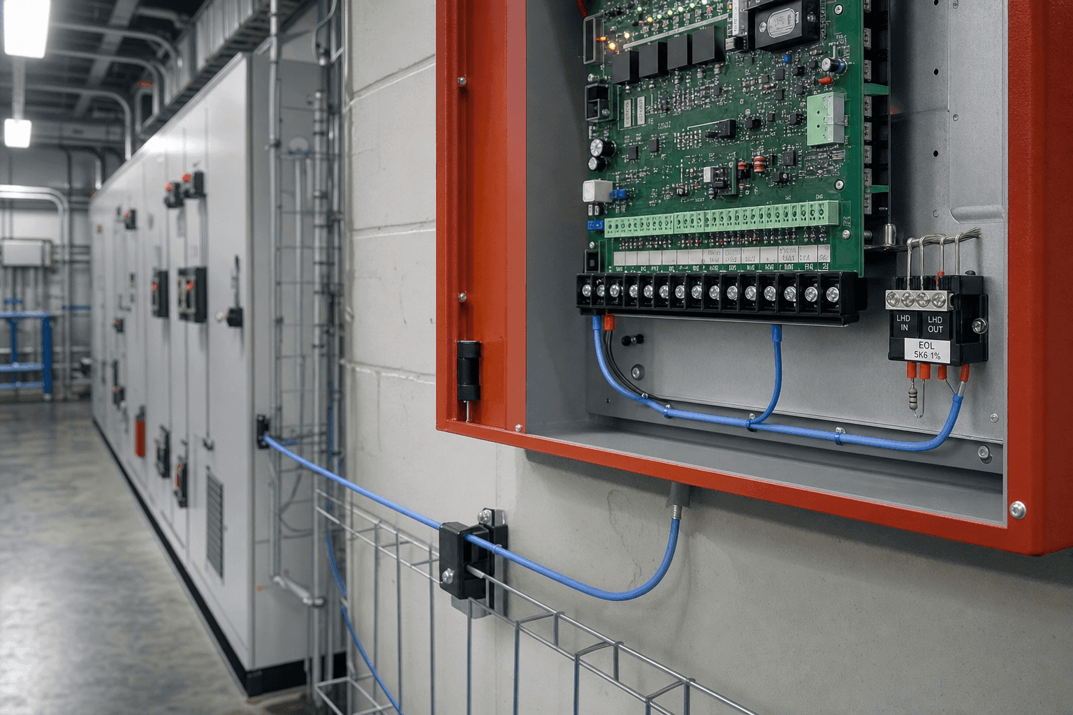 Blue LHD thermal sensor cable terminated at fire-alarm control panel input terminals labeled LHD IN / LHD OUT with an end-of-line resistor wired across the loop, secured along a galvanised mesh tray on the equipment-room wall