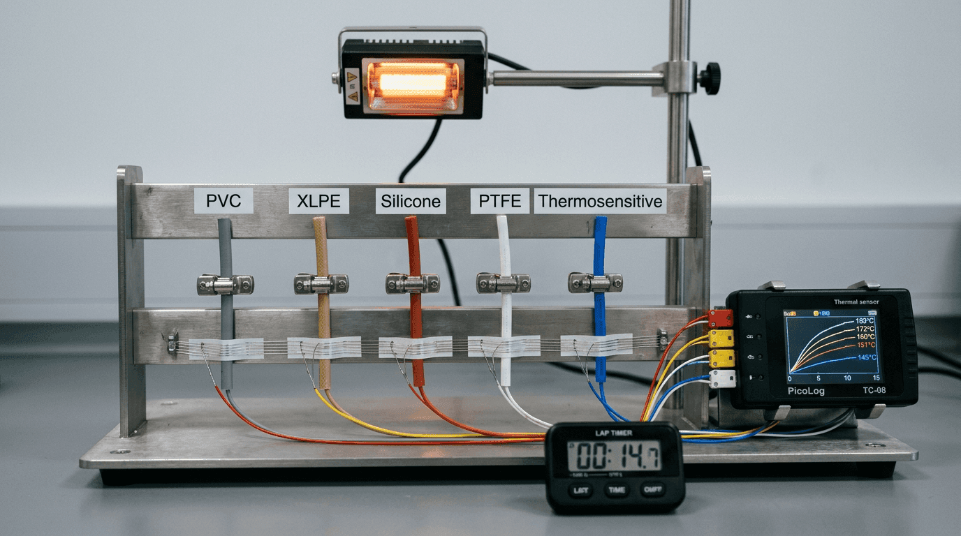 Laboratory bench testing how insulation materials change the thermal response time of a linear heat detection cable