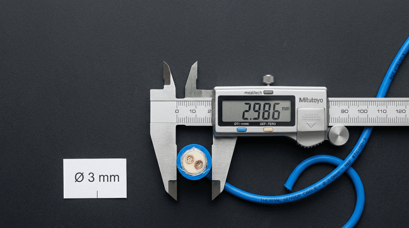 Macro cross-section of a blue thermal sensor cable held in a digital micrometer reading 2.986 mm, clearly showing the blue PVC outer jacket, cream-white thermosensitive insulation layer and two stranded copper conductors