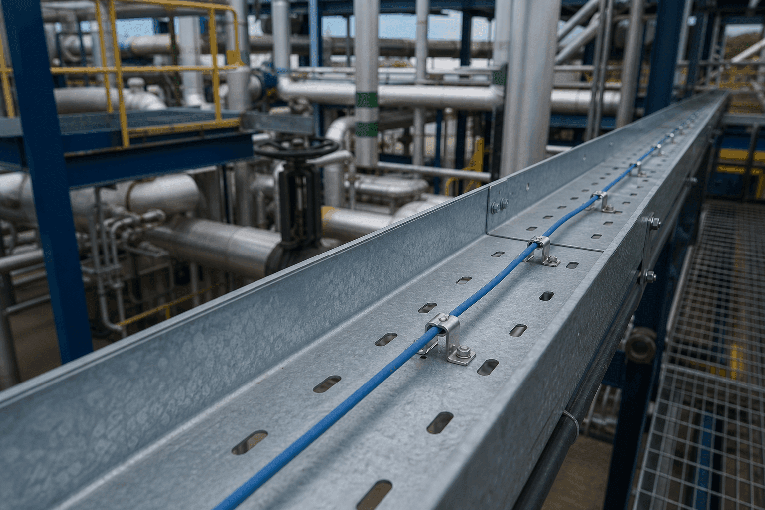 Blue LHD thermal sensor cable secured along a galvanised steel cable tray inside a chemical processing plant — outdoor view with stainless clamps fastening the cable to the support structure