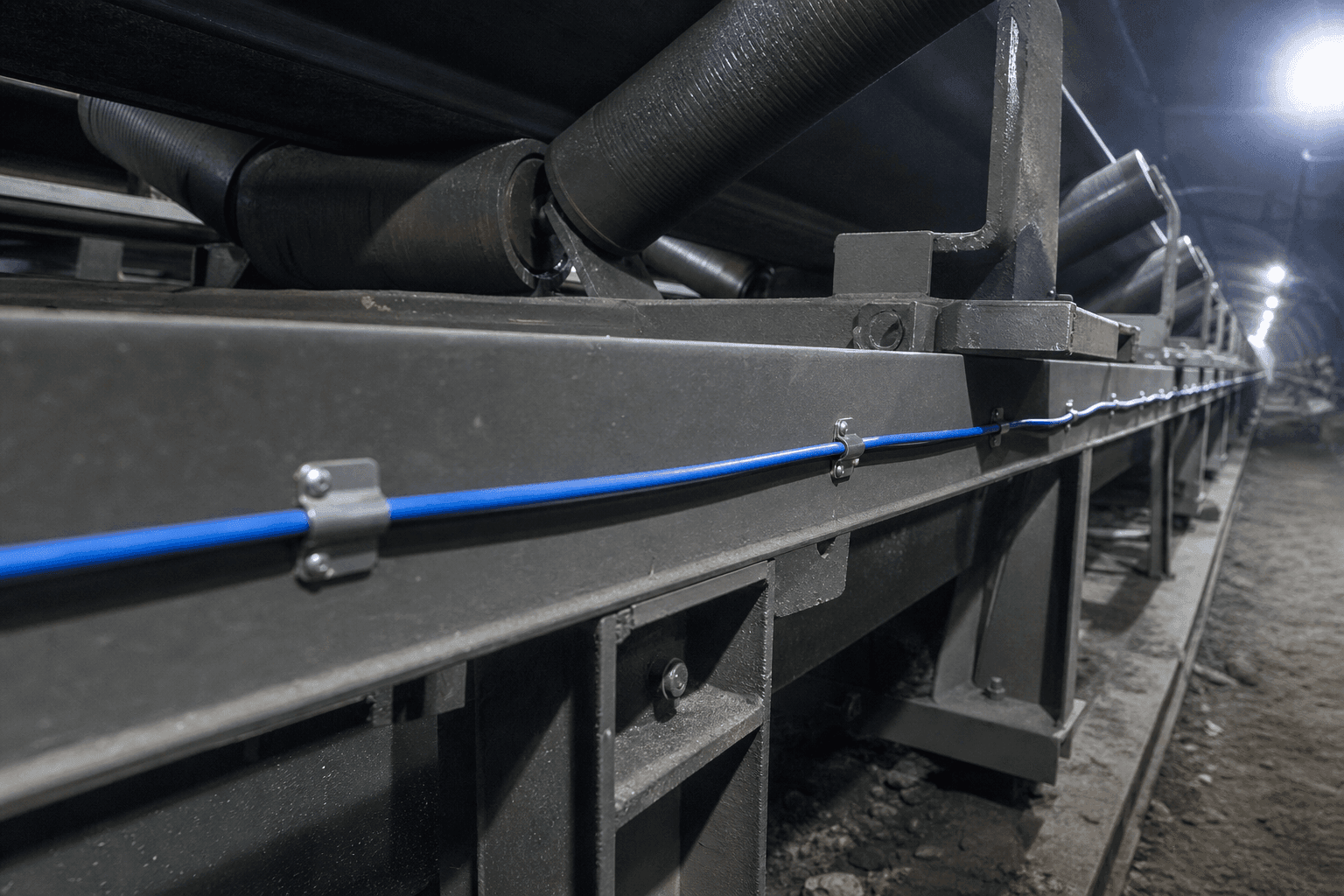 Blue LHD thermal sensor cable run along the support frame of an underground mining conveyor belt, clamped to the steel structure with stainless brackets at regular intervals