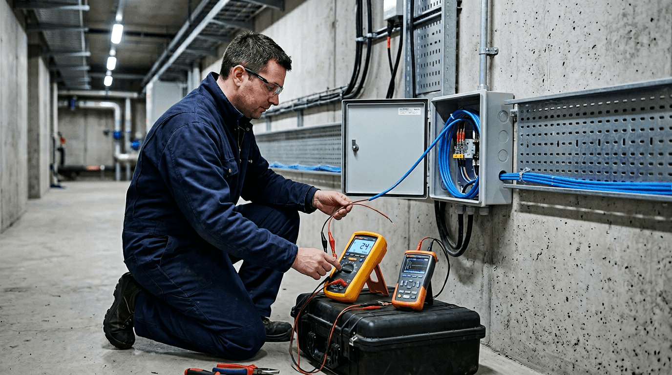 Industrial cable tray with blue LHD thermal sensor cable connected to insulation resistance and TDR diagnostic instruments for short-circuit fault analysis