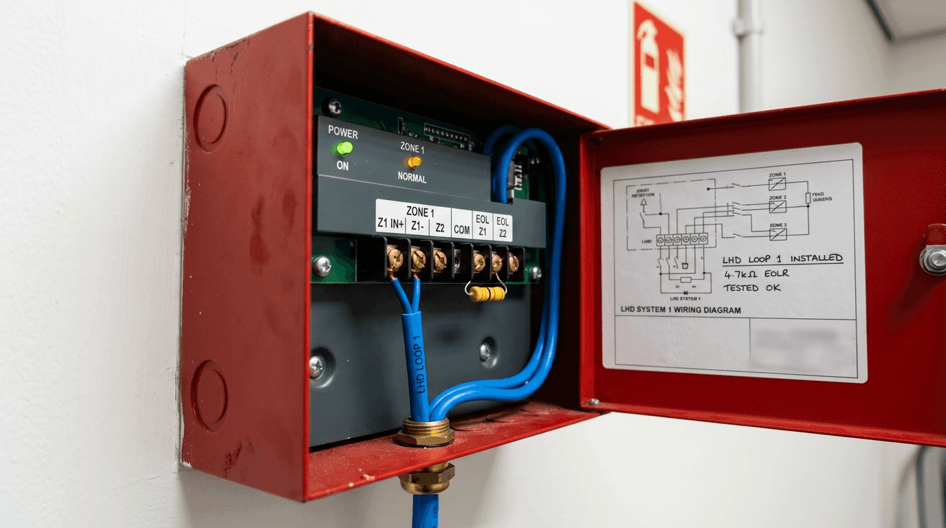Open red fire-alarm control panel with blue LHD thermal sensor cable terminated at Z1 IN+/Z1- and a 4.7 kΩ end-of-line resistor across EOL terminals