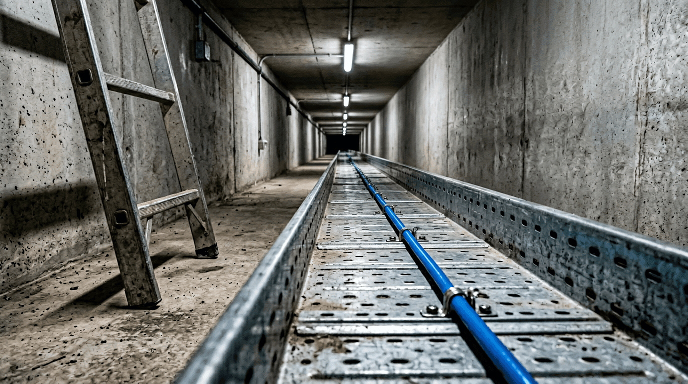 Blue LHD thermal sensor cable threaded along a galvanised cable tray inside a long underground concrete utility gallery, with an aluminum maintenance ladder leaning against the wall under LED ceiling strip lights