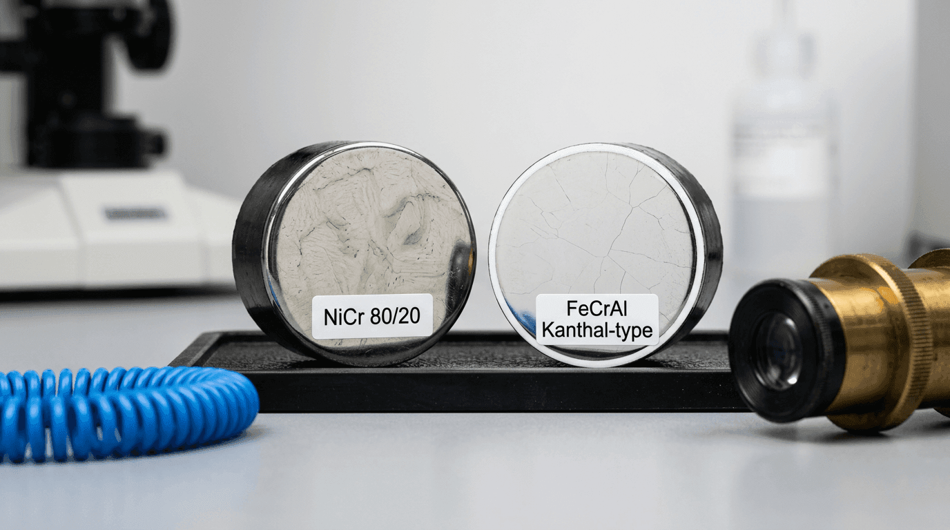 Metallographic reference — polished cross-section pucks of Ni80Cr20 and Kanthal A1 (FeCrAl) alloys side-by-side under a brass optical microscope, showing different oxidation patterns, with a coiled blue thermosensitive sensor cable in the foreground