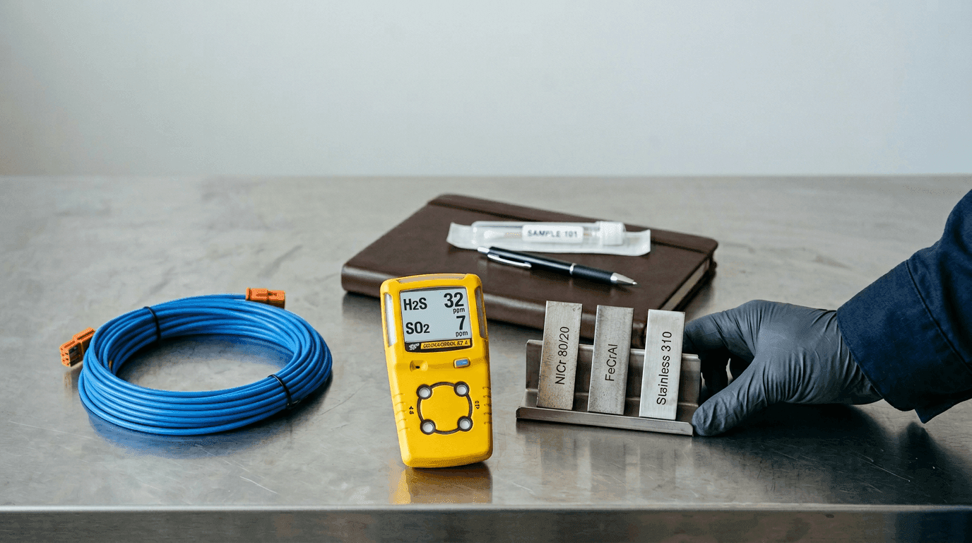 Process engineer performing a pre-specification atmosphere audit along a thermal sensor cable route with a yellow handheld multi-gas detector, jacket coupons and a coiled blue thermosensitive sensor cable