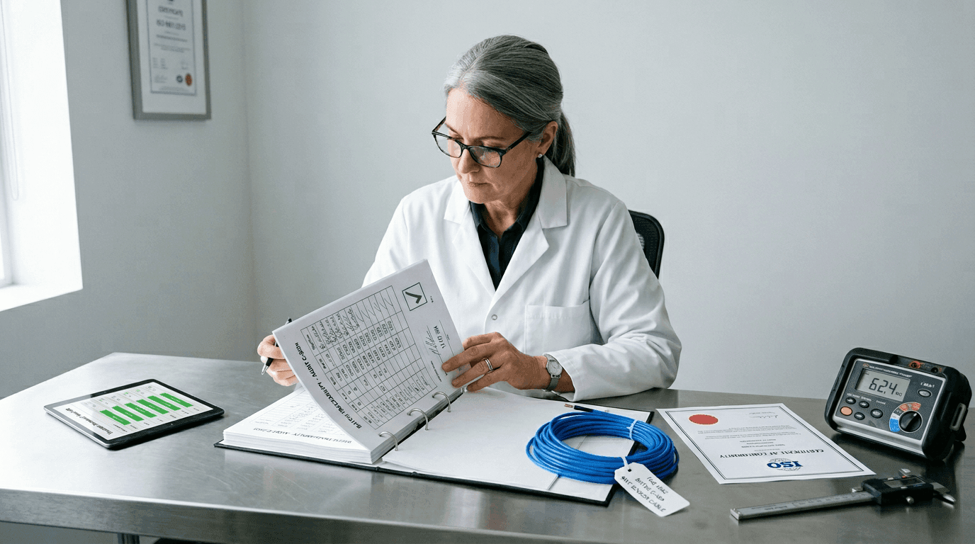 Senior QA engineer in a lab coat reviewing a thick batch-traceability binder and a certificate of conformity at a stainless office desk, with a coiled blue thermal sensor cable sample, a calibrated insulation-resistance megger and a digital caliper alongside