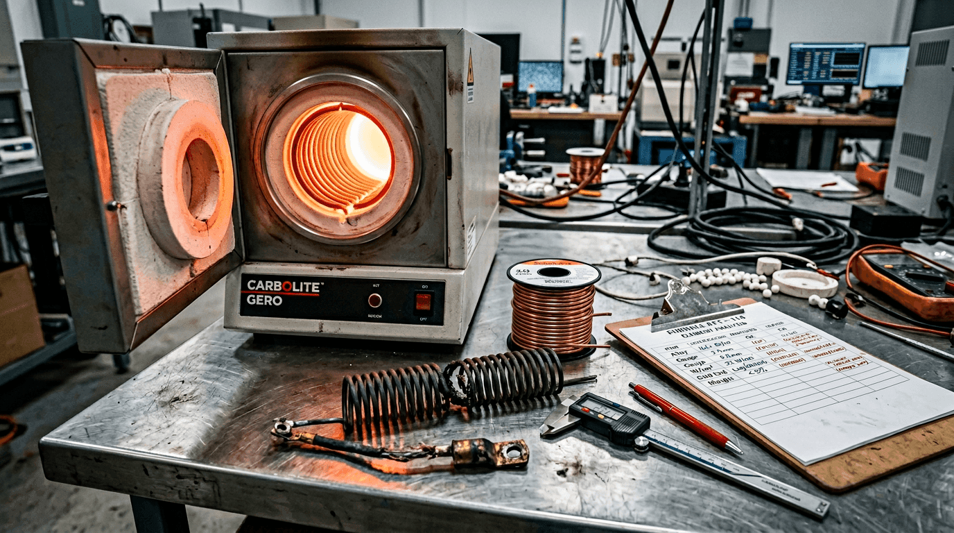 Industrial heater bench with failed resistance wire element and specification sheet
