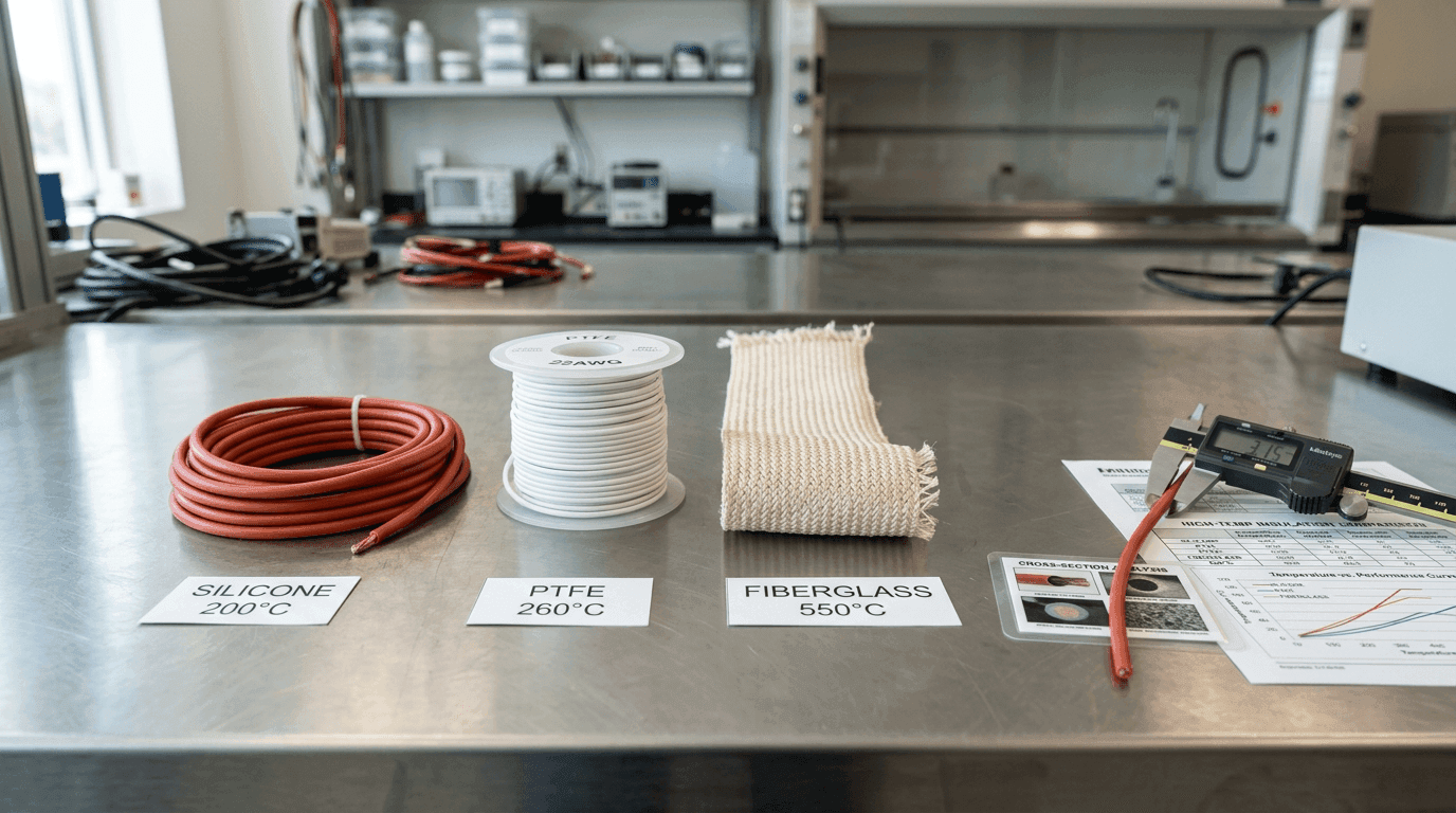 Silicone rubber coil, PTFE spool and woven fiberglass braid samples laid out on a stainless-steel engineering bench with labeled temperature-rating cards, a digital caliper and a printed performance datasheet