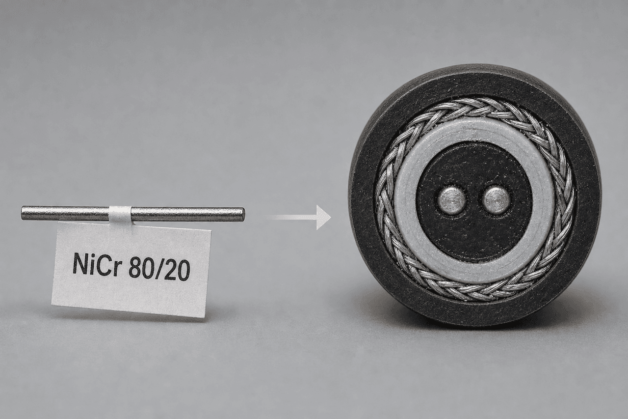 Side-by-side macro of a bare NiCr 80/20 conductor wire tagged with the alloy name on the left and a polished thermal sensor cable cross-section puck on the right, showing the same metallic conductor pair embedded in the dark thermosensitive compound inside concentric jacket, shield braid and insulation layers — illustrating how the bare conductor alloy becomes the embedded conductor pair inside the finished thermal sensor cable