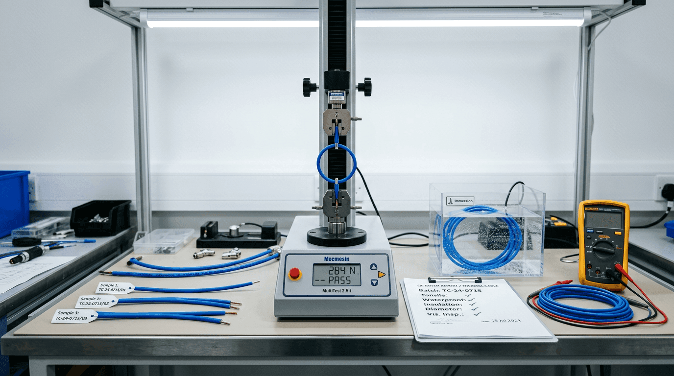 Multi-station thermal sensor cable QC bench: Mecmesin MultiTest tensile-strength tester showing PASS reading on a blue cable sample, adjacent waterproof immersion tank with a coiled blue cable, a Fluke multimeter and a printed batch test report on the bench