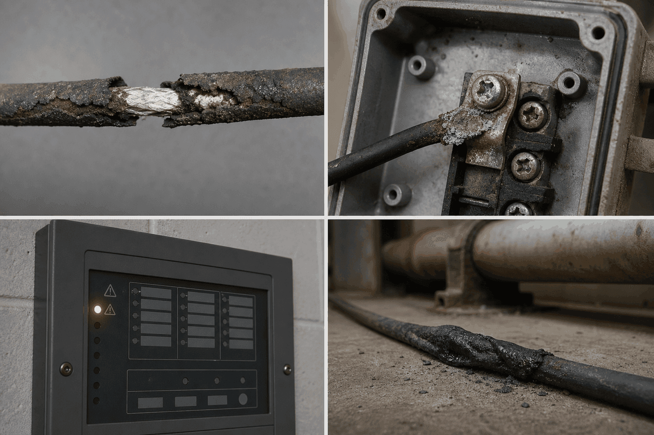Four-panel failure case montage of thermal sensor cable specification mistakes — top-left a section of LHD cable with badly corroded outer jacket and exposed inner core, top-right a junction box termination showing a discolored oxidized lug with green corrosion residue, bottom-left a fire alarm control panel showing an amber FAULT LED illuminated, and bottom-right a stretch of thermal sensor cable on a concrete floor showing deformation and partial melting beside a hot pipe — each panel illustrating the long-term consequence of one of the five cable specification mistakes covered in this article