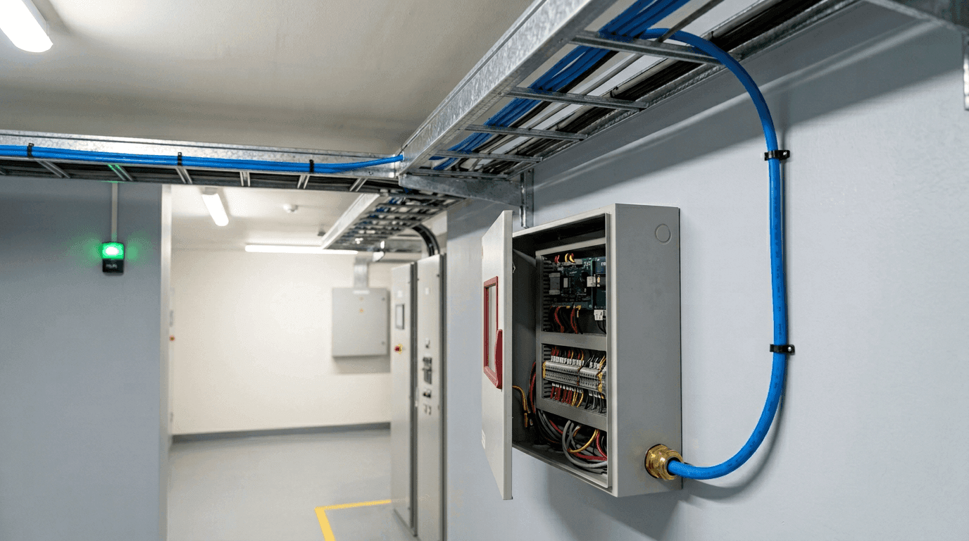 Blue thermal sensor cable exiting an open wall-mounted fire panel cabinet through a brass gland and rising along a galvanised cable ladder above a switchroom corridor ceiling