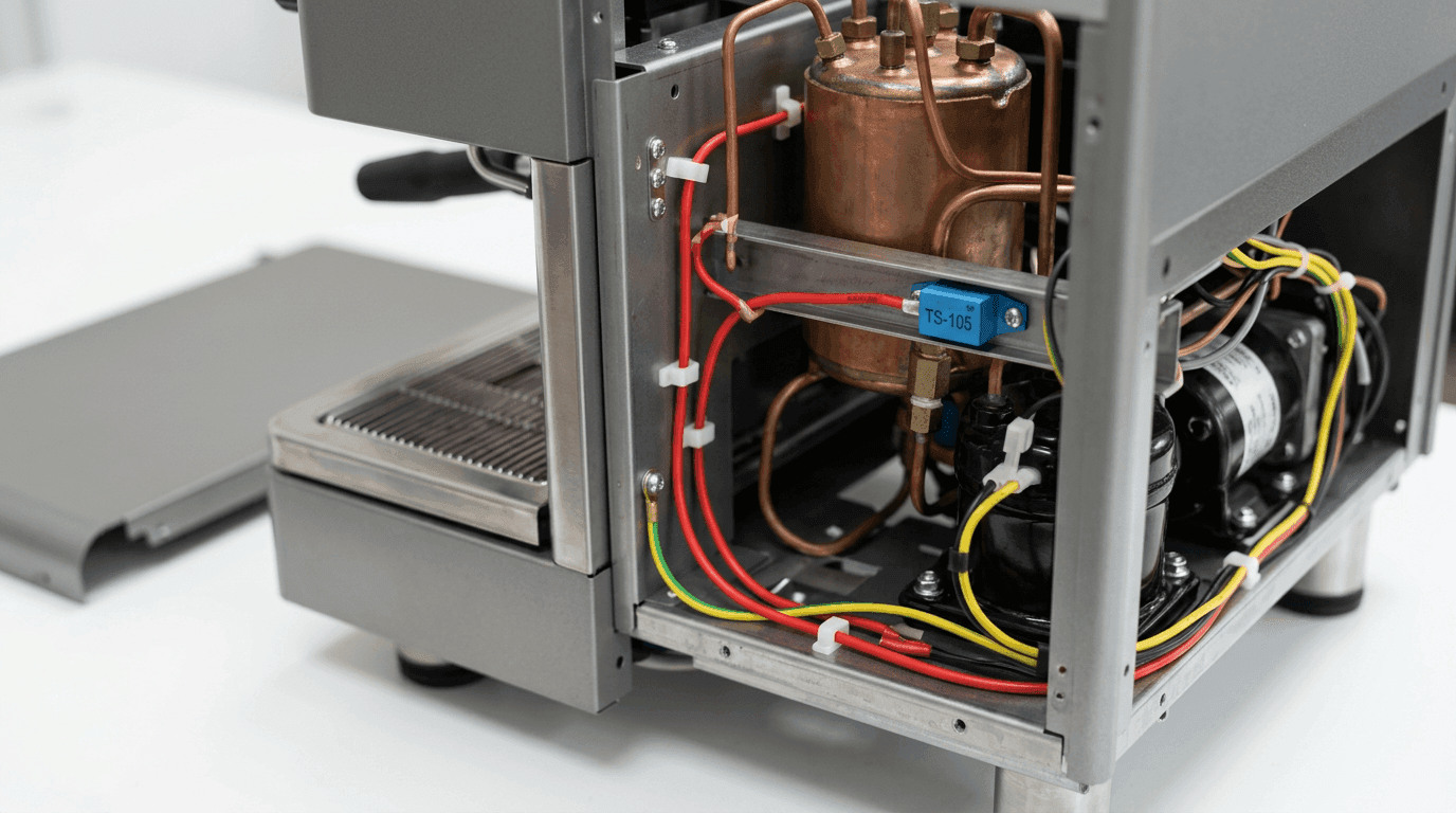 Open-cabinet view of a kitchen appliance interior showing a copper boiler tank, compressor and red thermosensitive cable runs zip-tied along a steel rail with a labelled thermal sensor module connected across the loop
