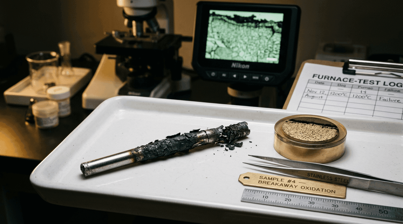 Failed nichrome heating wire sample on a forensic lab tray showing heavy black flaking oxide scale and breakaway oxidation, with tweezers, a metallographic microscope and a furnace-test log alongside