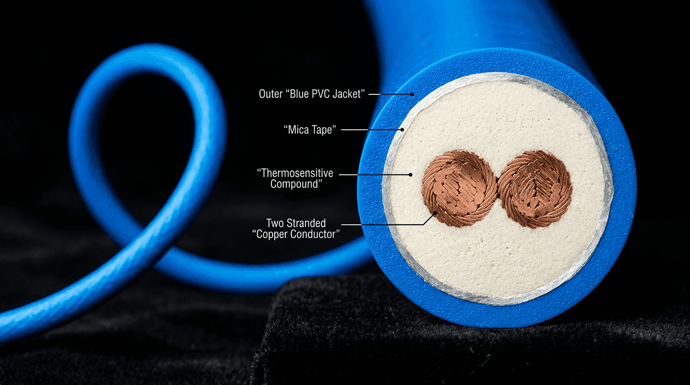 Cross-section illustration of a thermosensitive wire showing conductor, thermosensitive compound and insulation layers