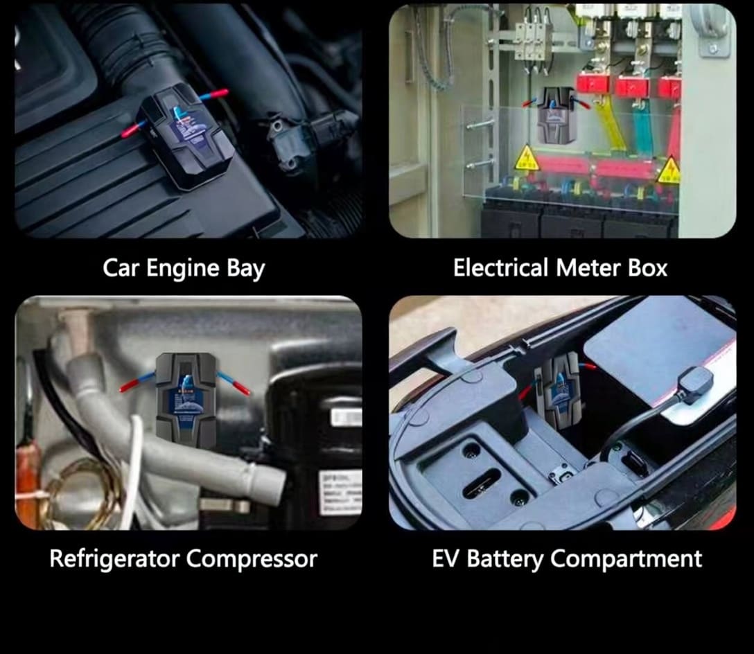 Four-panel composite image showing a thermal cut-off module connected in four appliance scenarios — Car Engine Bay, Electrical Meter Box, Refrigerator Compressor and EV Battery Compartment