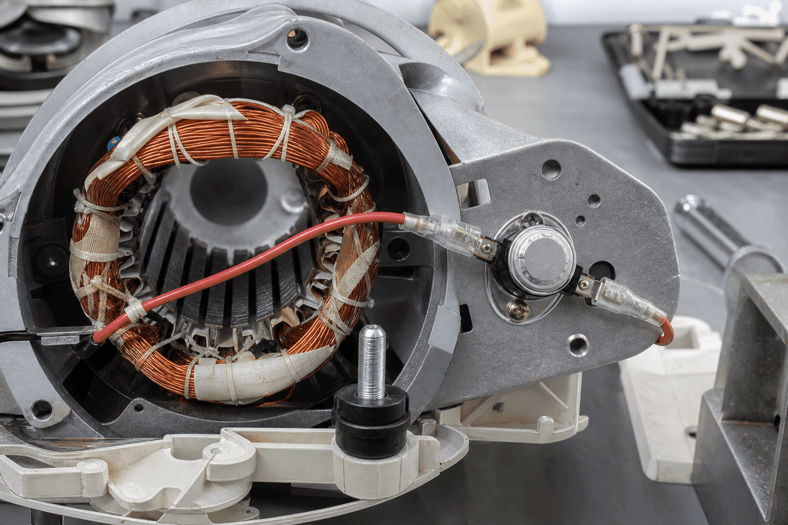 Red thermosensitive cable routed across an opened electric motor stator with copper windings, terminated into a glass-tube thermal cut-off module beside the stator