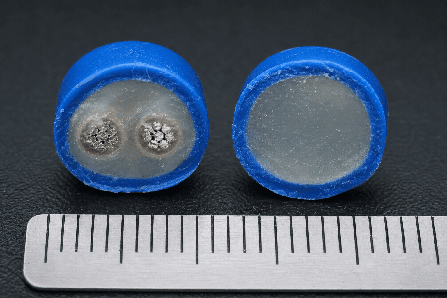 Polished cross-sections of two thermosensitive cable variants on a photo bench with a millimetre scale ruler — left specimen shows the metal-conductor architecture with twin tinned copper strands embedded in the thermosensitive compound, right specimen shows the non-metal core architecture without conductors