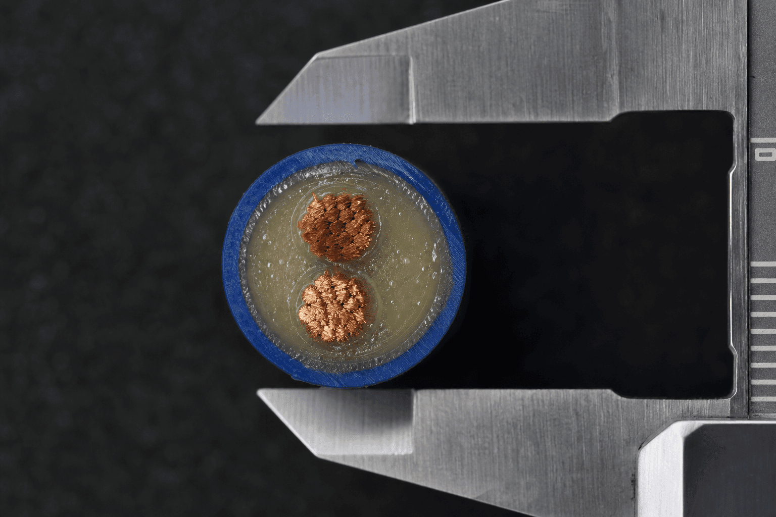 Polished cross-section of a thermal sensor cable end gauged by digital calipers, twin conductor strands embedded in the thermosensitive compound