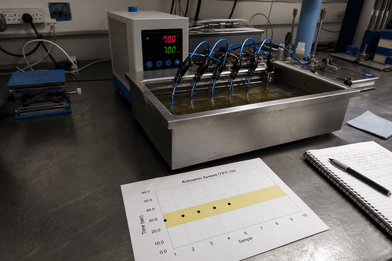 Stainless steel temperature-controlled oil bath with a digital controller reading 70.0 on a laboratory bench, five blue thermal sensor cable samples clipped over the bath with their leads arcing down into the oil, a blue scissor-lift lab jack at the left, and in the foreground a printed activation-spread chart with a highlighted band and a row of measured points clustered inside it, beside a spiral notebook and pen.
