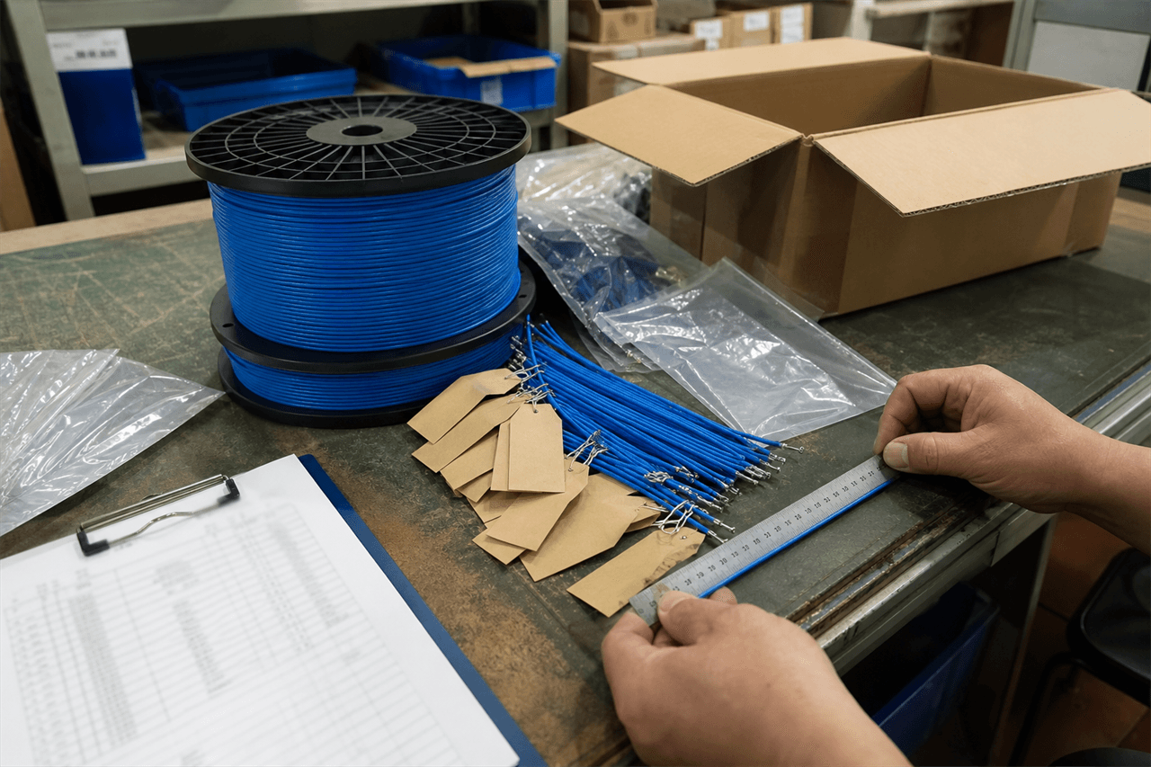 A worn workshop bench: two stacked reels of blue thermosensitive cable on the left, a fan of short pre-cut blue cable pieces wired to kraft lot tags beside clear poly bags and an open cardboard carton, a worker's hands measuring one cut piece against a steel ruler, and a clipboard holding a printed parts list, with blue parts bins on shelving in the background