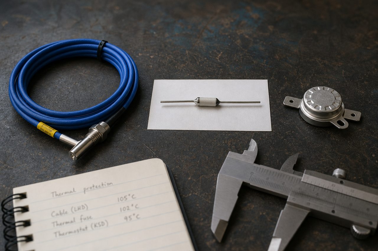 Three over-temperature protection devices laid out on a worn dark workbench for comparison — on the left a coiled blue-jacketed thermosensitive cutoff cable with a stainless-steel end fitting and a yellow tag, in the centre a small cylindrical axial-lead thermal fuse on a white card, on the right a round silver snap-action bimetallic thermostat disc with two spade terminals, with steel calipers and a spiral notebook listing handwritten activation temperatures of 105, 102 and 95 degrees Celsius