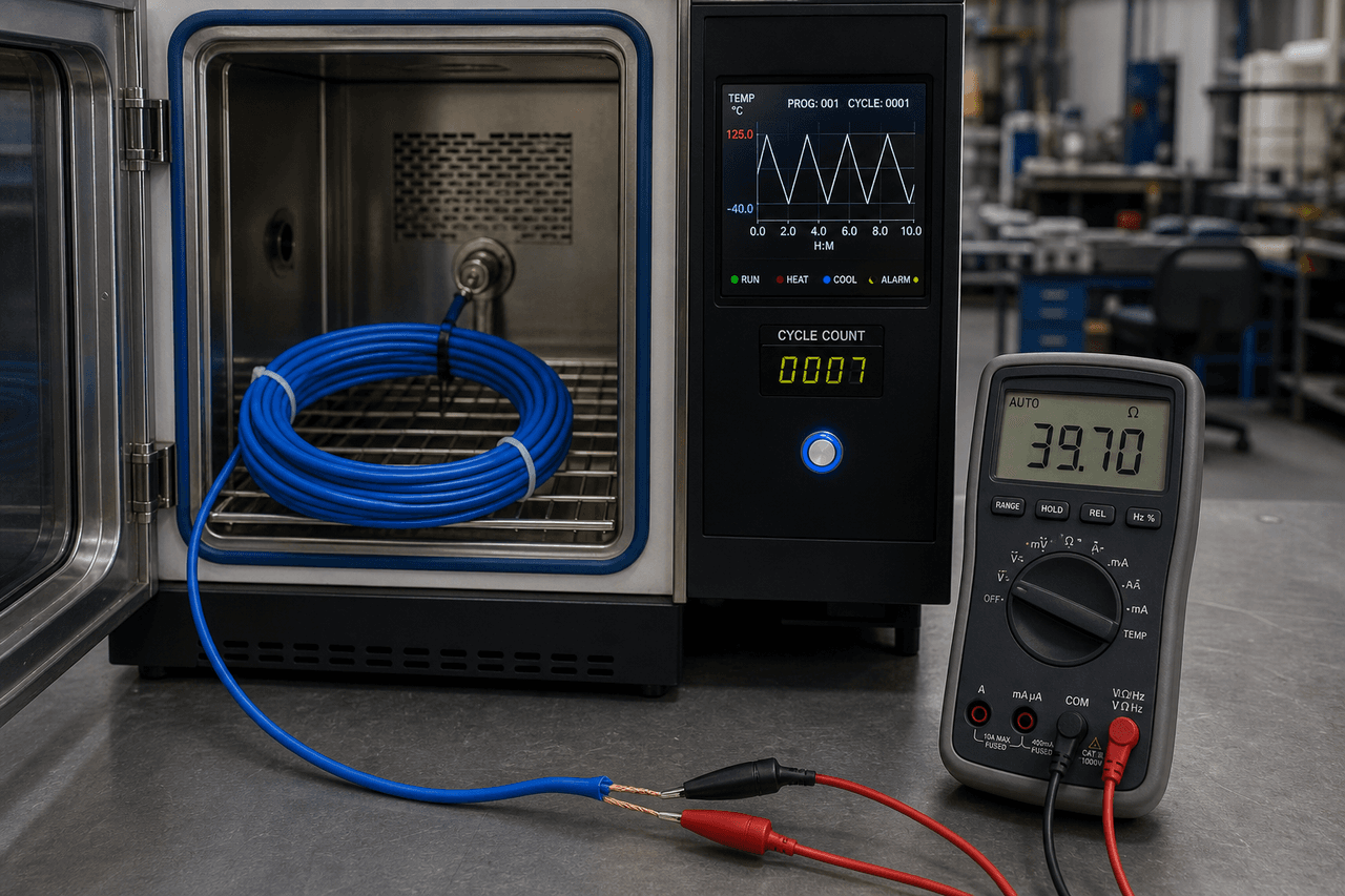 A coiled blue thermal sensor cable specimen mounted inside an open benchtop environmental test chamber, the chamber's digital controller showing a repeating heat-cool sawtooth temperature curve and a four-digit cycle counter, with a benchtop multimeter beside it reading the cable's loop resistance