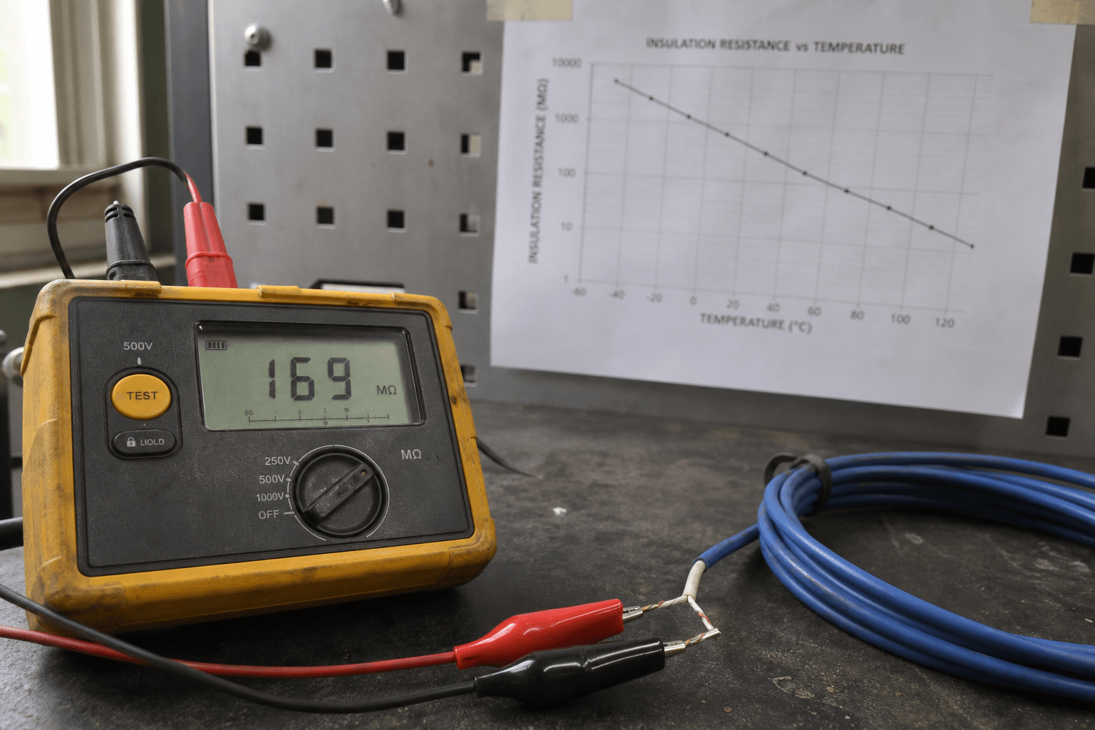 A yellow-and-black handheld 500-volt insulation-resistance tester on a worn dark workbench in soft window light, its red and black test leads clipped to the stripped end of a coiled blue thermal sensor cable that exposes a twisted pair of fine tinned conductors, the tester reading about 169 megohms, with a printed line chart titled Insulation Resistance vs Temperature taped to a grey metal pegboard behind it, its curve falling steadily from a high resistance at low temperature to a much lower value at high temperature