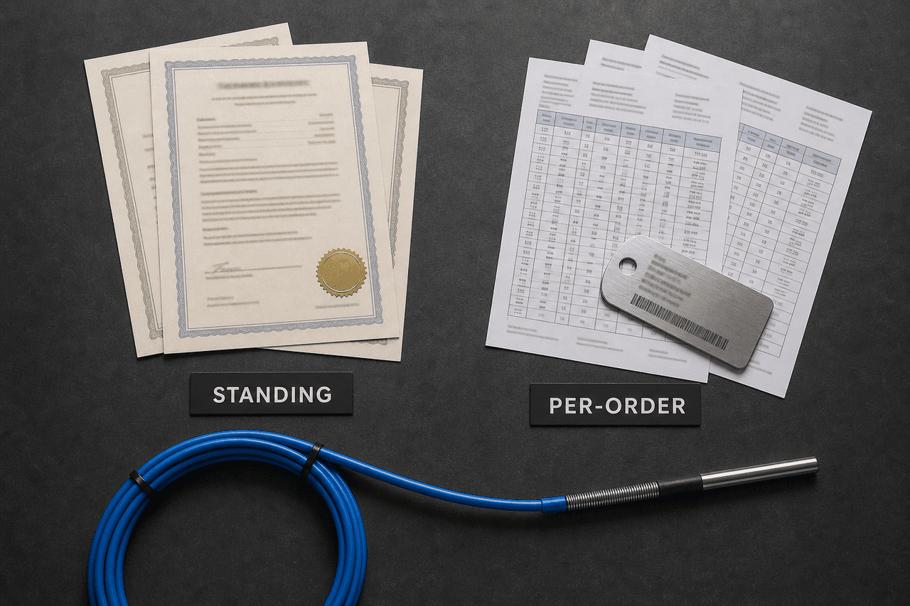 Top-down flat-lay on a dark charcoal surface — on the left a fanned set of certificate sheets with a gold seal beside a card reading STANDING, on the right a fanned set of tabular batch test reports with a stainless-steel lot tag beside a card reading PER-ORDER, and a coiled blue LHD thermal sensor cable with a stainless probe end curving across the lower frame between them.