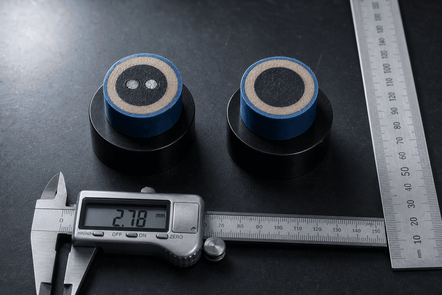 Metal-core and non-metal-core thermal sensor cable cross-section pucks side by side on a bench — left puck shows paired conductors in thermosensitive compound, right puck shows a uniform compound block; stainless calipers read 2.78 mm beside a millimetre ruler