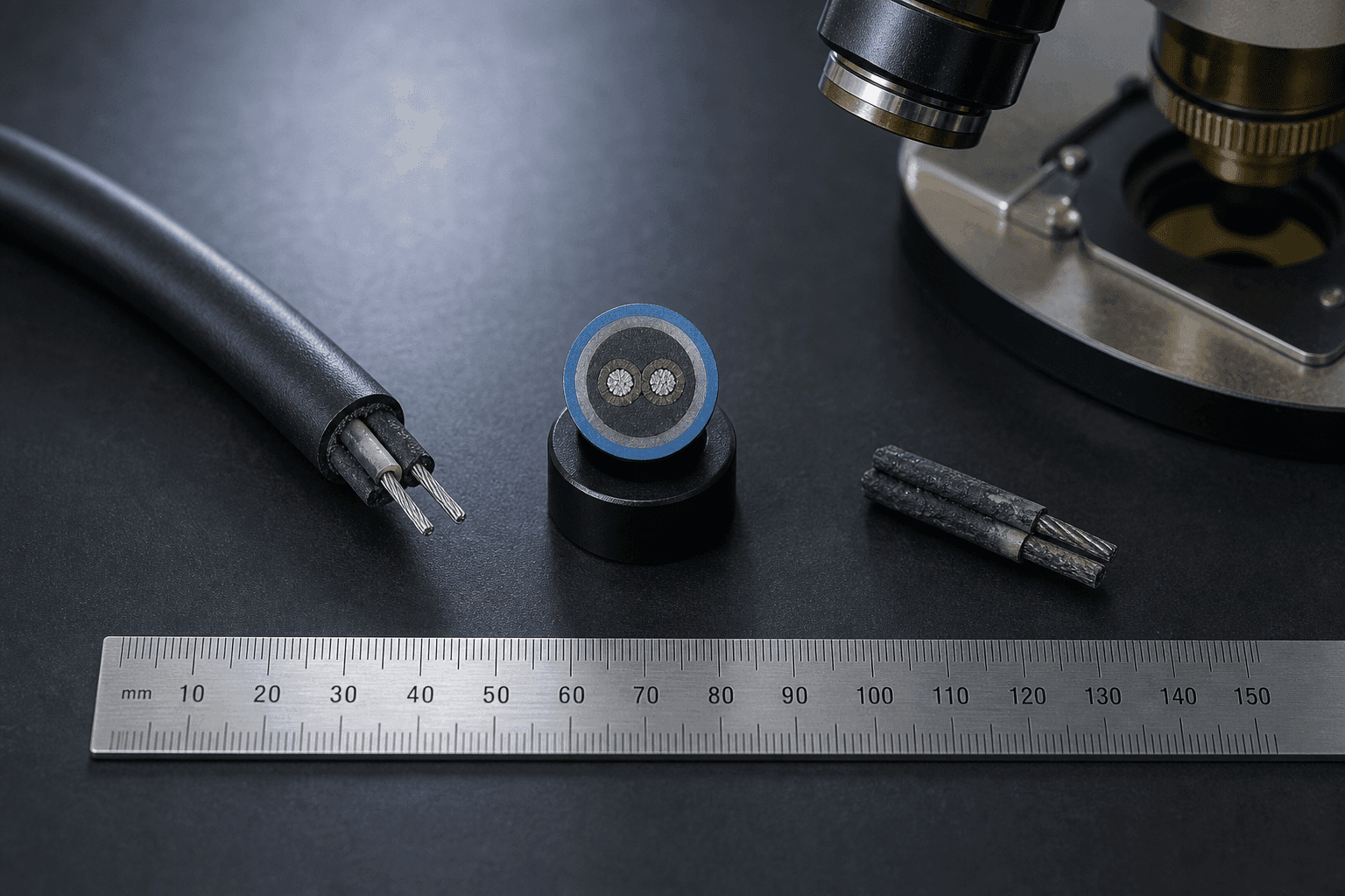 Thermal sensor cable cross-section puck on a bench showing paired NiCr conductors in thermosensitive compound, beige insulation and blue jacket — beside a stripped cable end, an oxidised resistance-wire fragment, microscope and stainless ruler