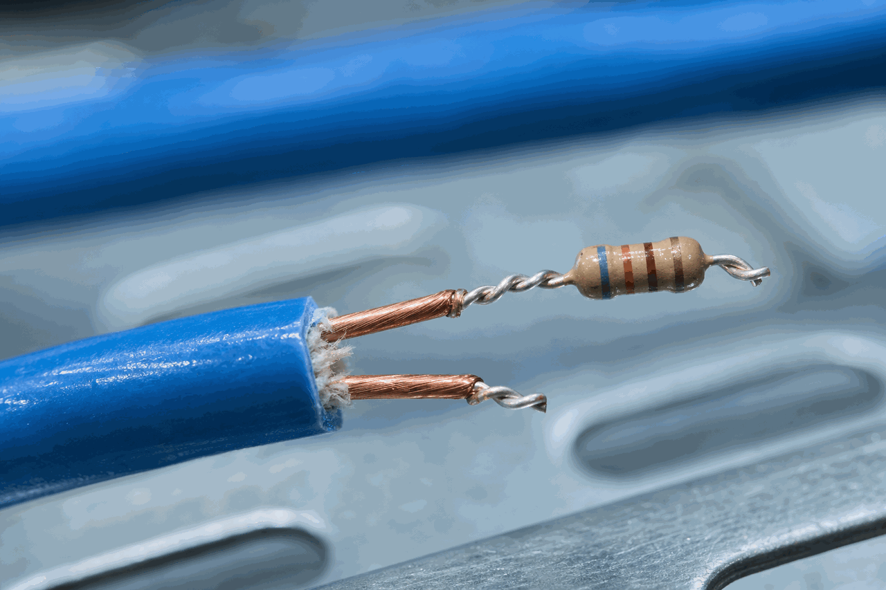 Extreme close-up of a beige axial end-of-line resistor with coloured tolerance bands bridging the two stripped copper conductors at the cut far end of a blue LHD thermal sensor cable, with a galvanised cable tray softly blurred behind