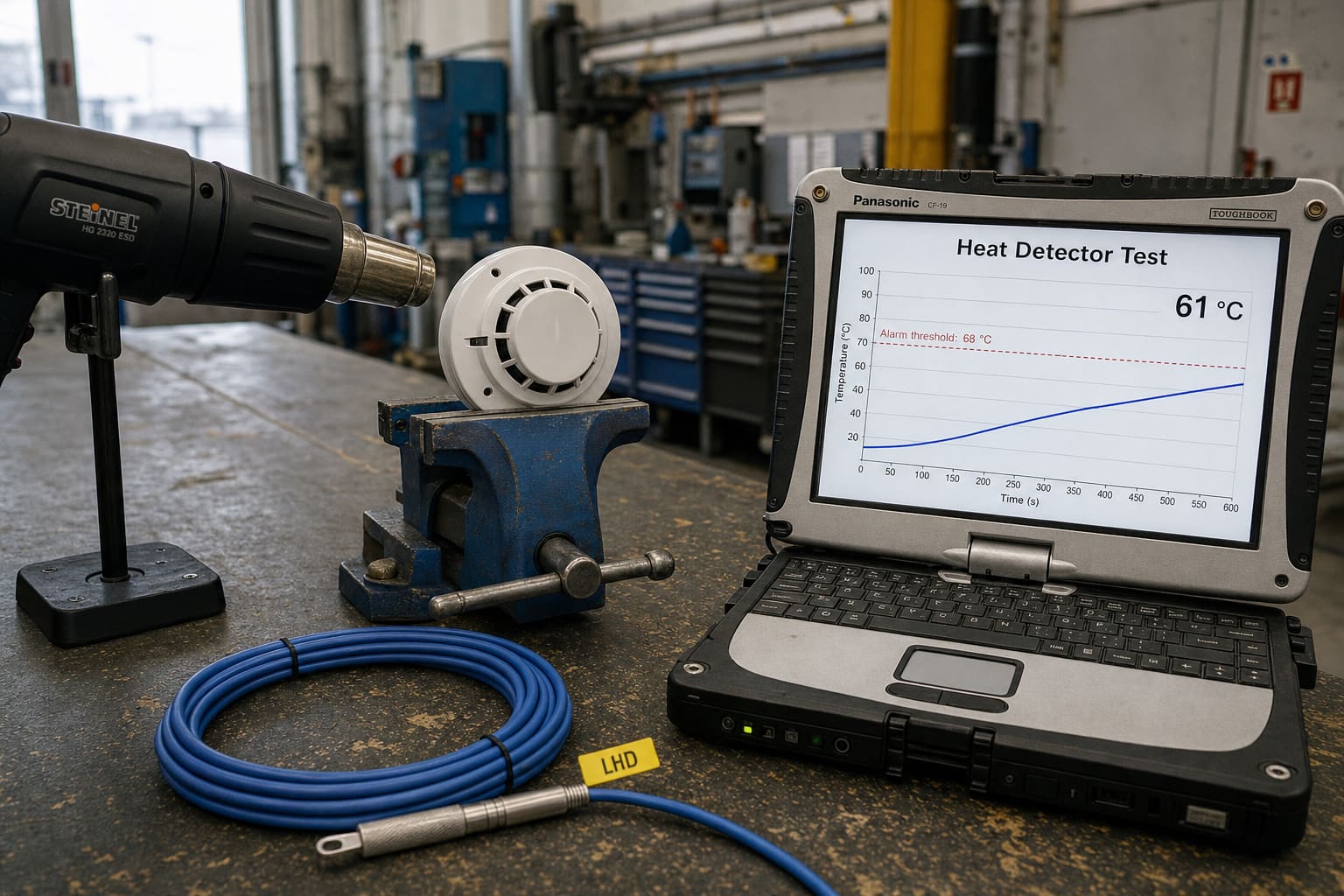 A fire-detection response test on a worn industrial workbench — a white spot heat detector head clamped in a blue bench vice with a hot-air heat gun on a stand aimed at it, a coiled blue LHD linear heat detection cable with a stainless steel end and a yellow LHD tag in front, and a rugged laptop on the right showing a Heat Detector Test temperature-versus-time chart with a dashed line labelled Alarm threshold 68 °C, a rising curve and a live reading of 61 °C