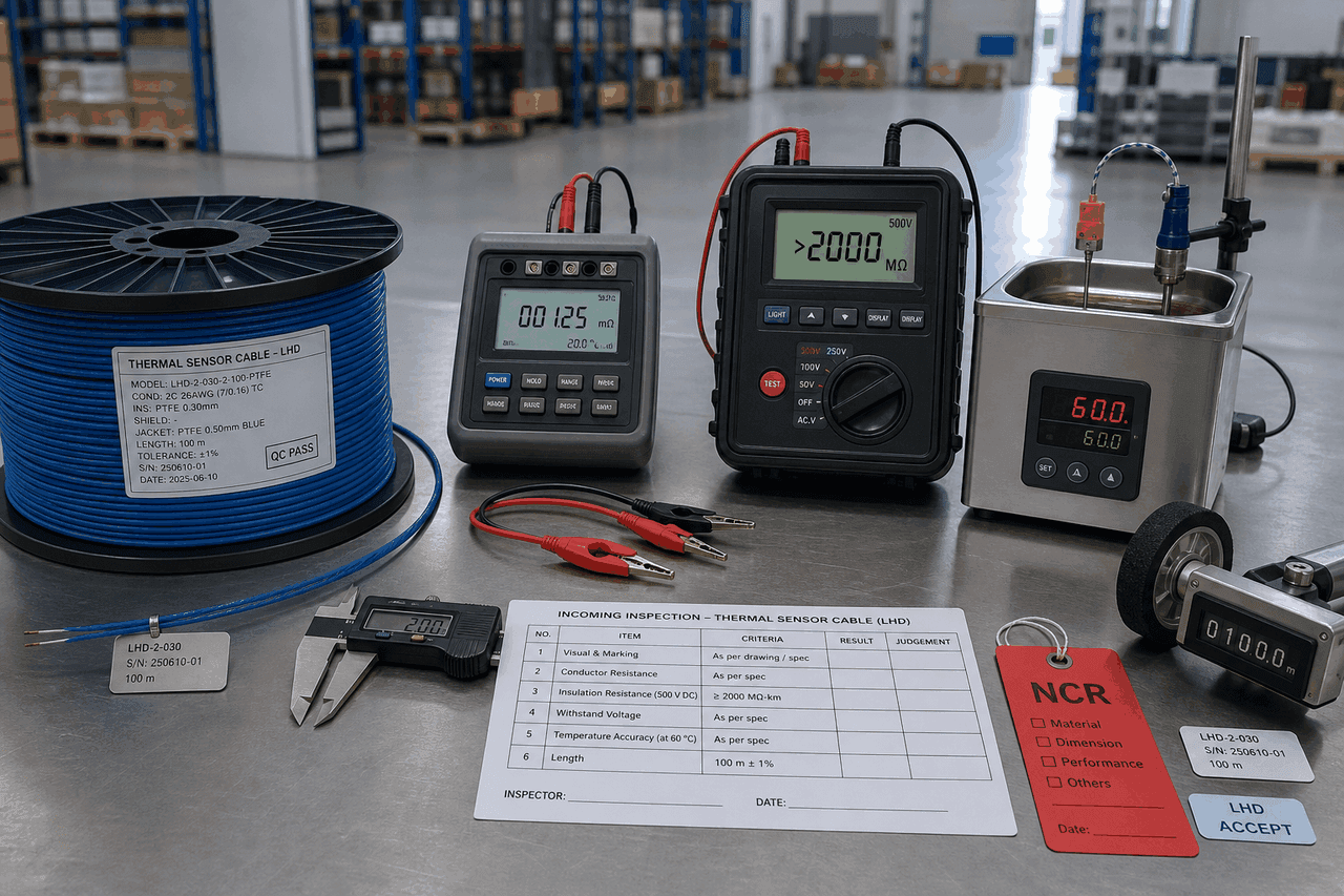 A receiving-floor IQC bench for thermal sensor cable laid out on a metal worktable, with a softly defocused warehouse aisle behind — a blue LHD cable reel and end labels on the left, a digital caliper, a 4-terminal milliohm tester reading 0.0125 Ω at 20.6 °C, a 500 V insulation tester reading above 2000 MΩ, a stainless oil bath with a K-type thermocouple and a digital controller holding 60.0 °C, a printed incoming-inspection card with six numbered rows (visual & marking, conductor resistance, insulation resistance at 500 V DC, withstand voltage, temperature accuracy at 60 °C, length), a red NCR tag and a digital length counter.