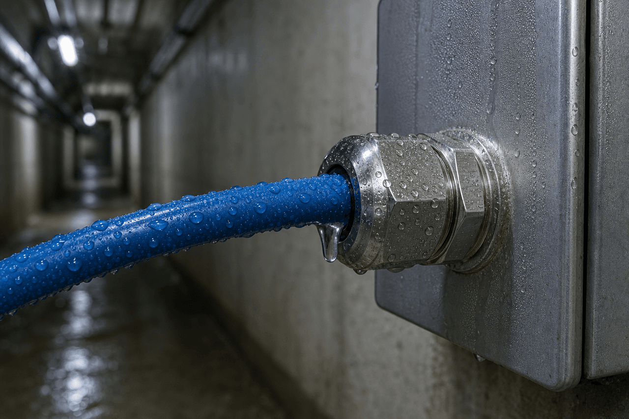 Close-up of a blue thermal sensor cable entering a stainless-steel cable gland on a junction box, water droplets beaded across the gland body and the cable jacket, condensation filming the metal surface, with a damp dim service tunnel soft-blurred behind