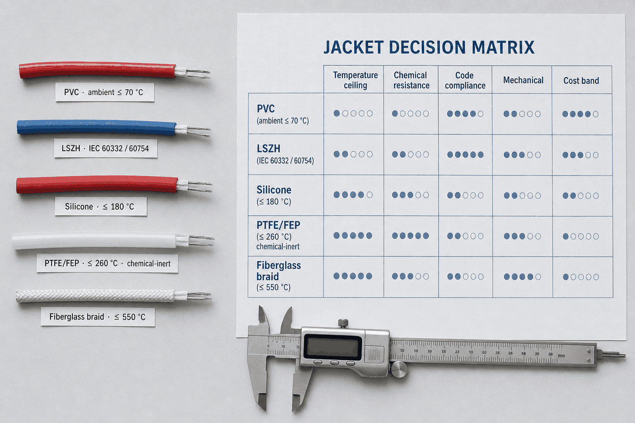 Top-down flat lay on a neutral cool-gray paper background showing five short thermal sensor cable specimens laid out vertically on the left — a glossy red PVC jacket tagged 'PVC · ambient ≤ 70 °C', a matte blue LSZH jacket tagged 'LSZH · IEC 60332 / 60754', a matte deep-red silicone jacket tagged 'Silicone · ≤ 180 °C', a semi-translucent off-white fluoropolymer jacket tagged 'PTFE/FEP · ≤ 260 °C · chemical-inert' on the printed label (continuous-service ceiling is ≤260 °C for PTFE / PFA and around 200 °C for FEP) and a woven cream-white fiberglass braid tagged 'Fiberglass braid · ≤ 550 °C' — alongside a printed decision matrix sheet headed 'JACKET DECISION MATRIX' with five material rows and five column headers (Temperature ceiling, Chemical resistance, Code compliance, Mechanical, Cost band) populated with neutral filled-circle density marks, and a stainless-steel digital caliper resting at the bottom edge.