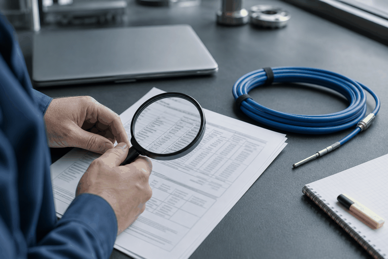 Top-down view of an engineer's two hands holding a round glass magnifying lens over a multi-page printed document with rows of tabular data on a dark grey desk, the lens enlarging the rows beneath it, a neatly coiled blue thermal sensor cable with a metal terminated end resting to the right, a closed silver laptop out of focus in the background, and a yellow highlighter beside a spiral notebook in the lower-right foreground.