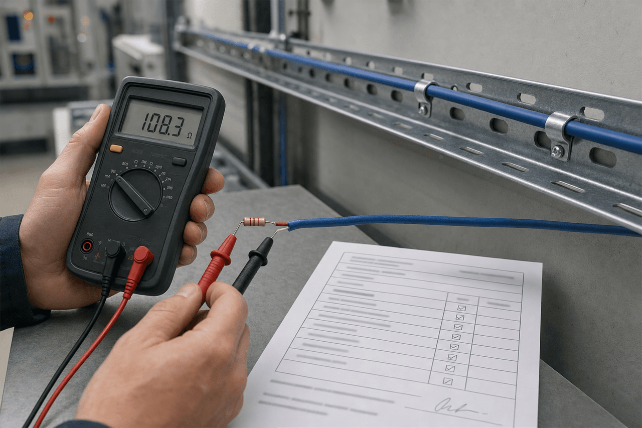 A commissioning engineer's hand holding a multimeter reading a loop resistance value across the two stripped conductors and end-of-line resistor at the far end of a blue LHD thermal sensor cable, beside a printed acceptance test record sheet with signed-off rows, the cable clipped along a galvanised tray on an equipment-room wall