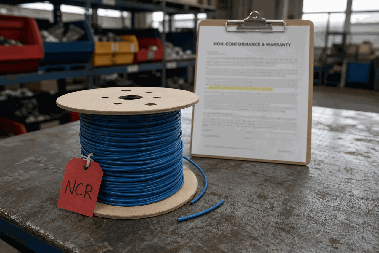 A spool of blue thermal sensor cable on a plain unlabelled reel resting on a worn metal QC bench, a red paper tag hand-marked NCR tied to it and a short blue cable offcut beside it, with a printed supply agreement headed Non-Conformance and Warranty clipped to a metal clipboard behind — heading clear and body text left as soft grey lines with one yellow highlighter mark — and blurred warehouse shelving with parts bins out of focus behind