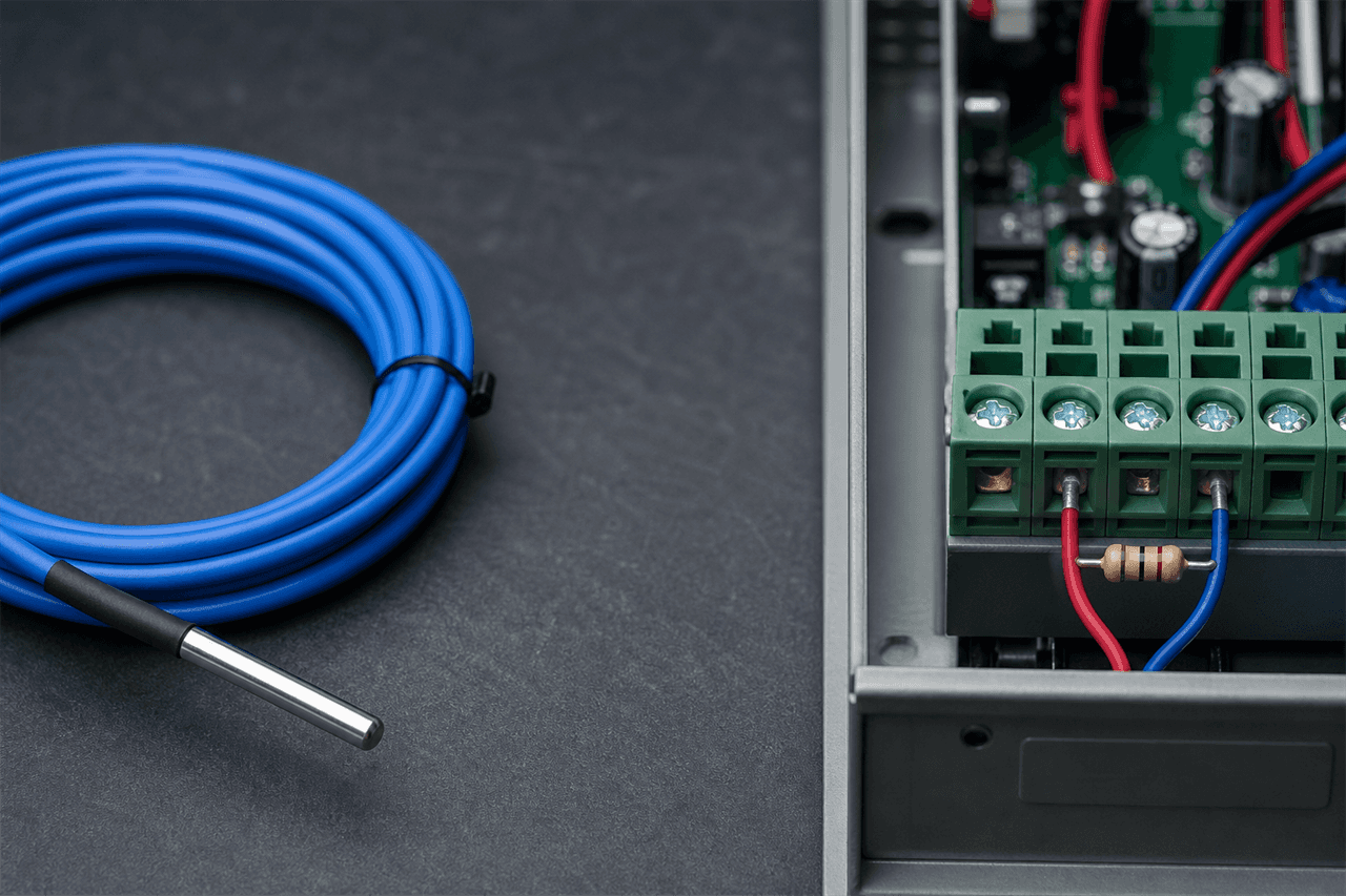 A coiled blue thermal sensor cable with a stainless-steel terminated probe end on a dark charcoal bench at left, beside an open control panel enclosure at right whose green terminal block has a beige banded resistor wired across two terminals with red and blue conductors, the circuit board visible above