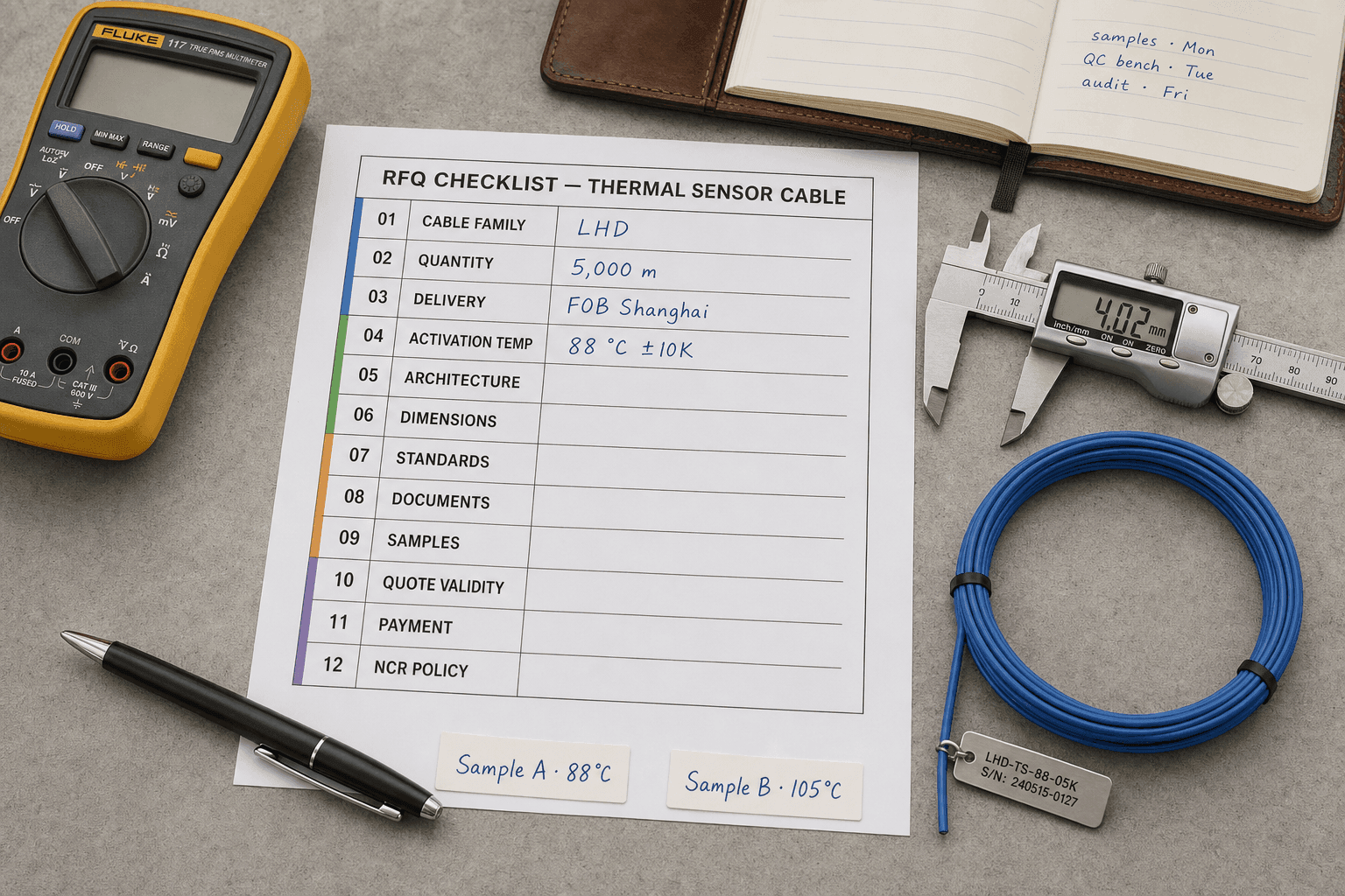 Top-down bench shot of a printed thermal sensor cable RFQ checklist with twelve numbered fields in four color-coded blocks (project, spec, compliance, commercial), the first four rows hand-filled 'LHD / 5,000 m / FOB Shanghai / 88°C ±10K', with a yellow Fluke multimeter, a digital caliper reading 4.02 mm, a coiled blue LHD cable spool with a stainless steel end tag, an open notebook and two sample labels