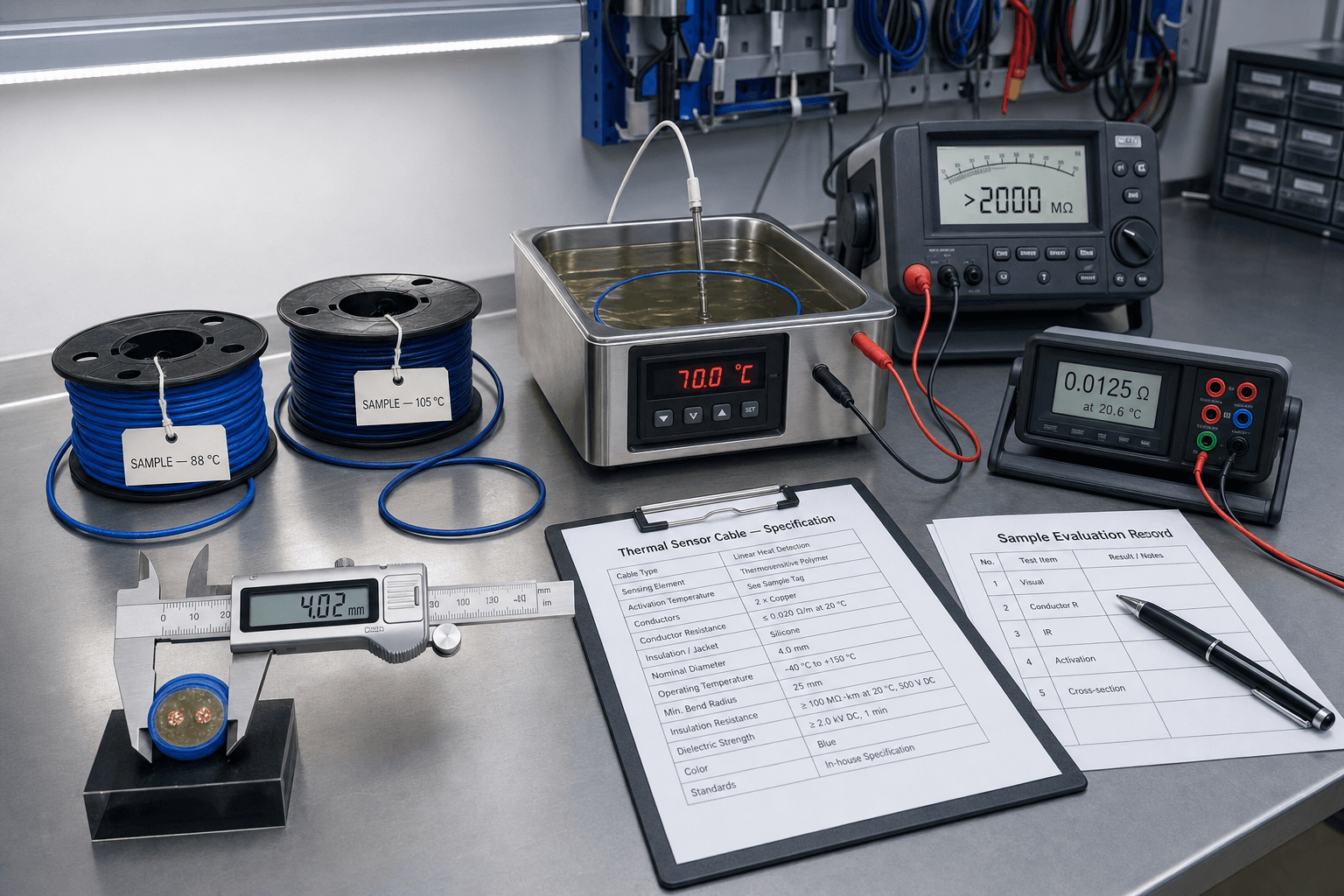 A flat-illustration decision-flow infographic for thermal sensor cable sample evaluation: a left panel with five bench-check icons — digital caliper for visual and dimensional, four-wire milliohmmeter for conductor loop resistance, megohmmeter for 500 V insulation resistance, oil-bath flask for activation point, and microscope with cable cross-section for cross-section verification — a labelled arrow in the middle reading Sample Evaluation Decision Flow, and four colour-coded verdict cards stacked on the right: green GO, pale-green QUALIFIED-GO, amber HOLD and crimson NO-GO.